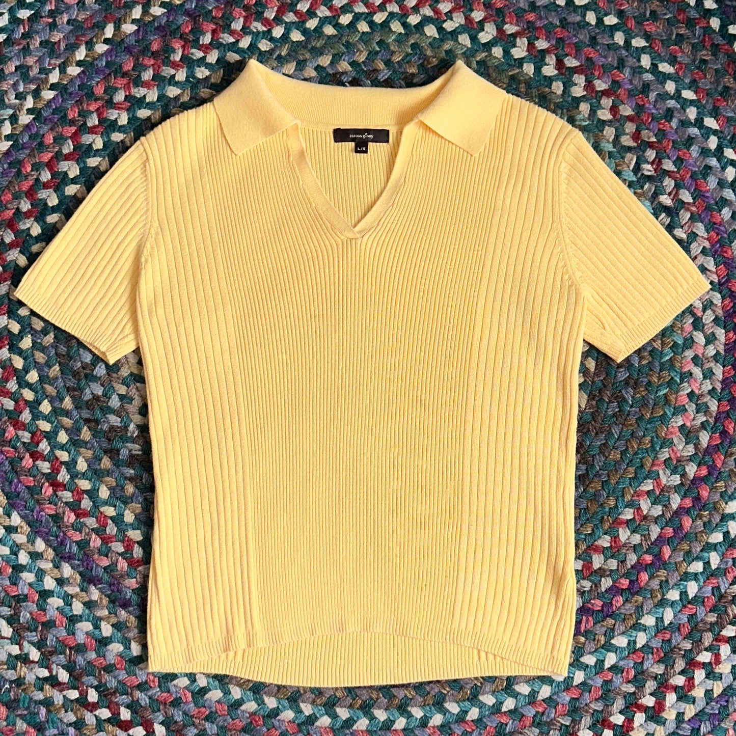 Cotton Ginny Yellow Collared V-Neck T-Shirt, L