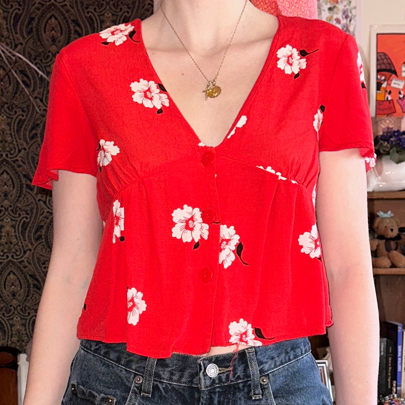 Red Floral Short Sleeve Blouse, S