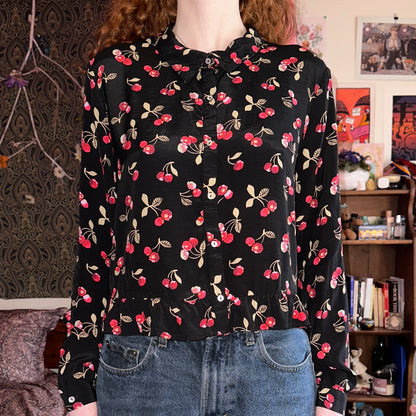 ZARA Black Long Sleeve Blouse with Cherry Graphics, XL