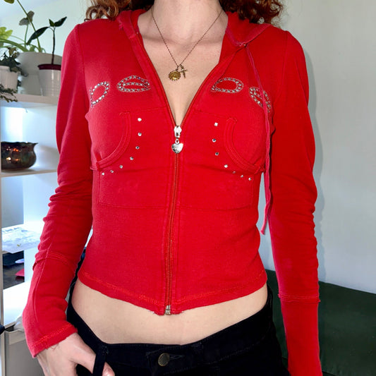 Bebe Red Y2K Rhinestone Zip Up, S - Cherry Buzz