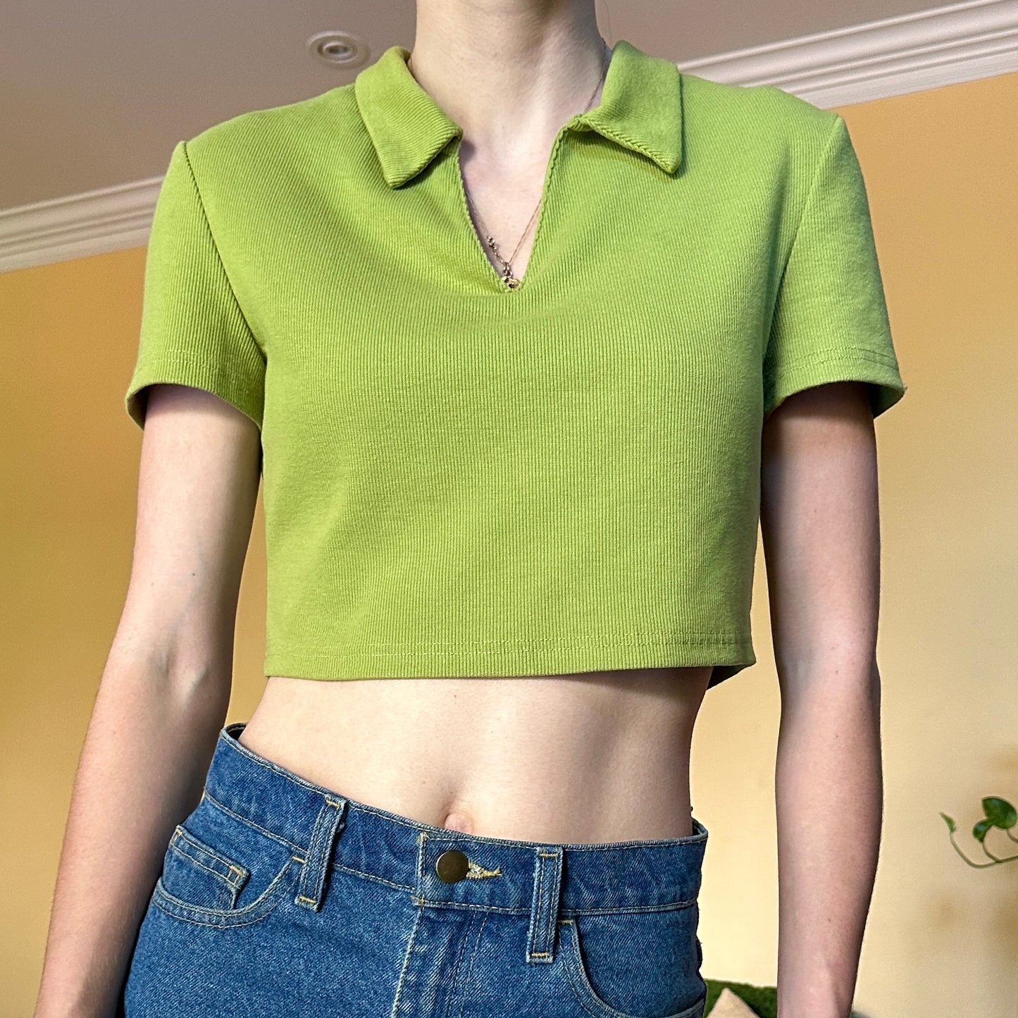 Green Cropped Collared V-Neck Top, S