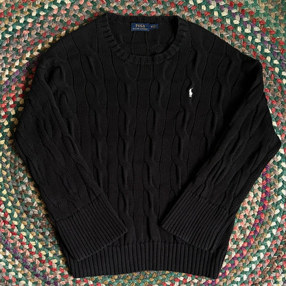 Polo Black Cable Knit Sweater, M - Cherry Buzz