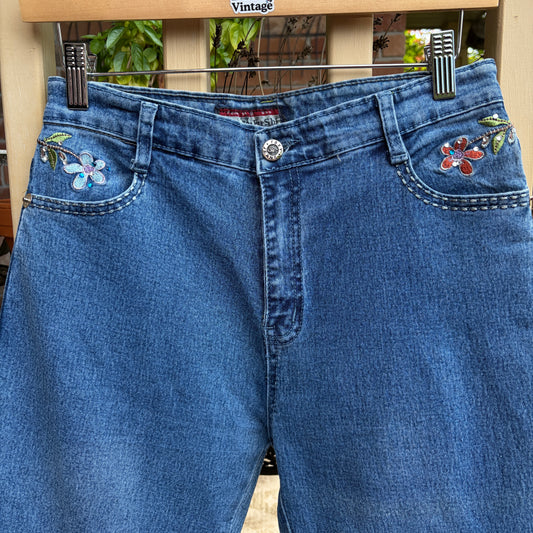 Denim Floral Embroidered Pants, S