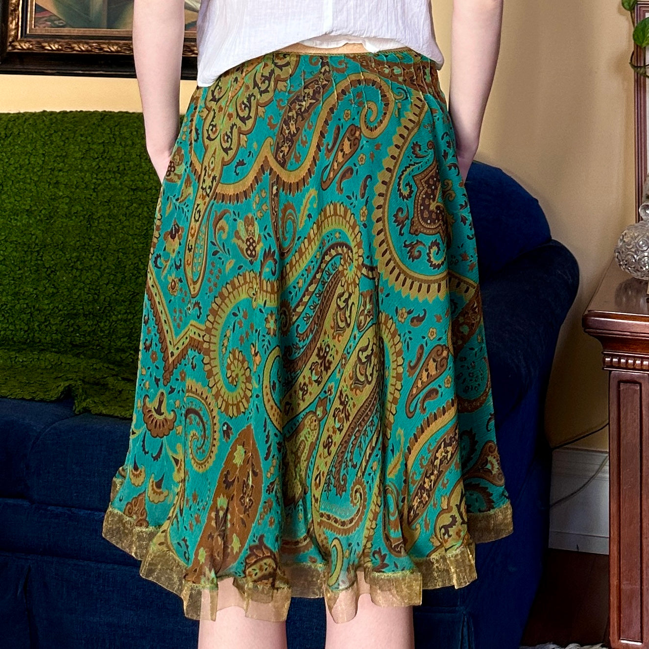 Pamela Brown Silk Teal Paisley Skirt, S