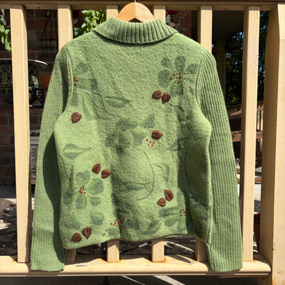 Green Wool Knit Zip Up Sweater, S