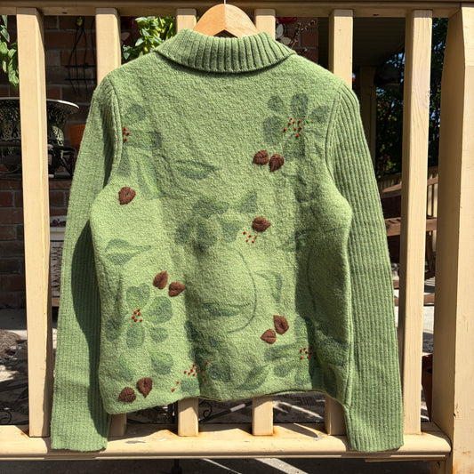 Green Wool Knit Zip Up Sweater, S