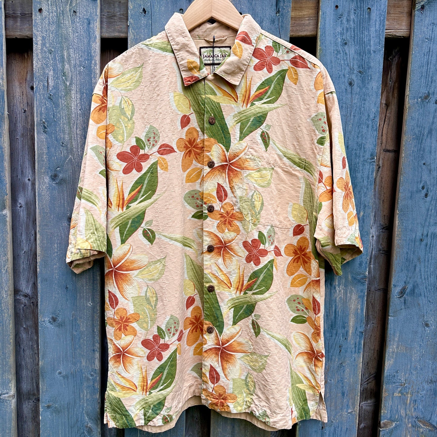 Jamaica Jaxx Silk Orange Floral Hawaiian Button Down, L