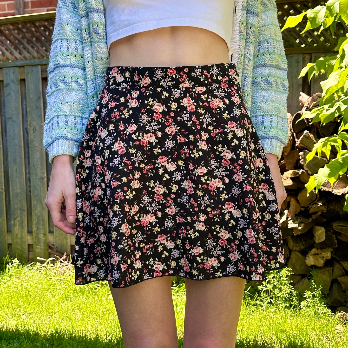 Black Floral Mini Skirt, S