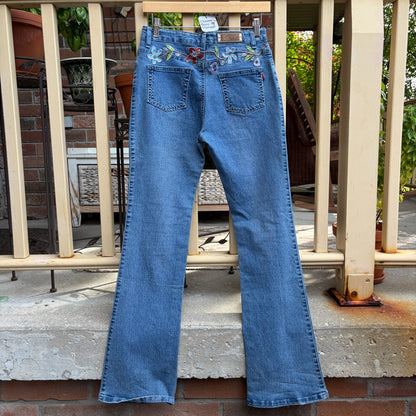 Denim Floral Embroidered Pants, S