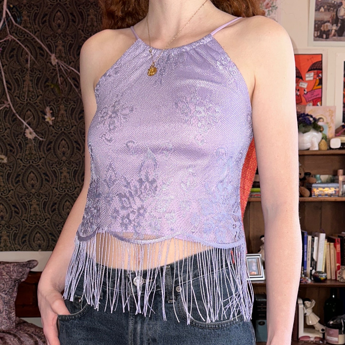 She's Purple Lace Halter Top with Fringe, M