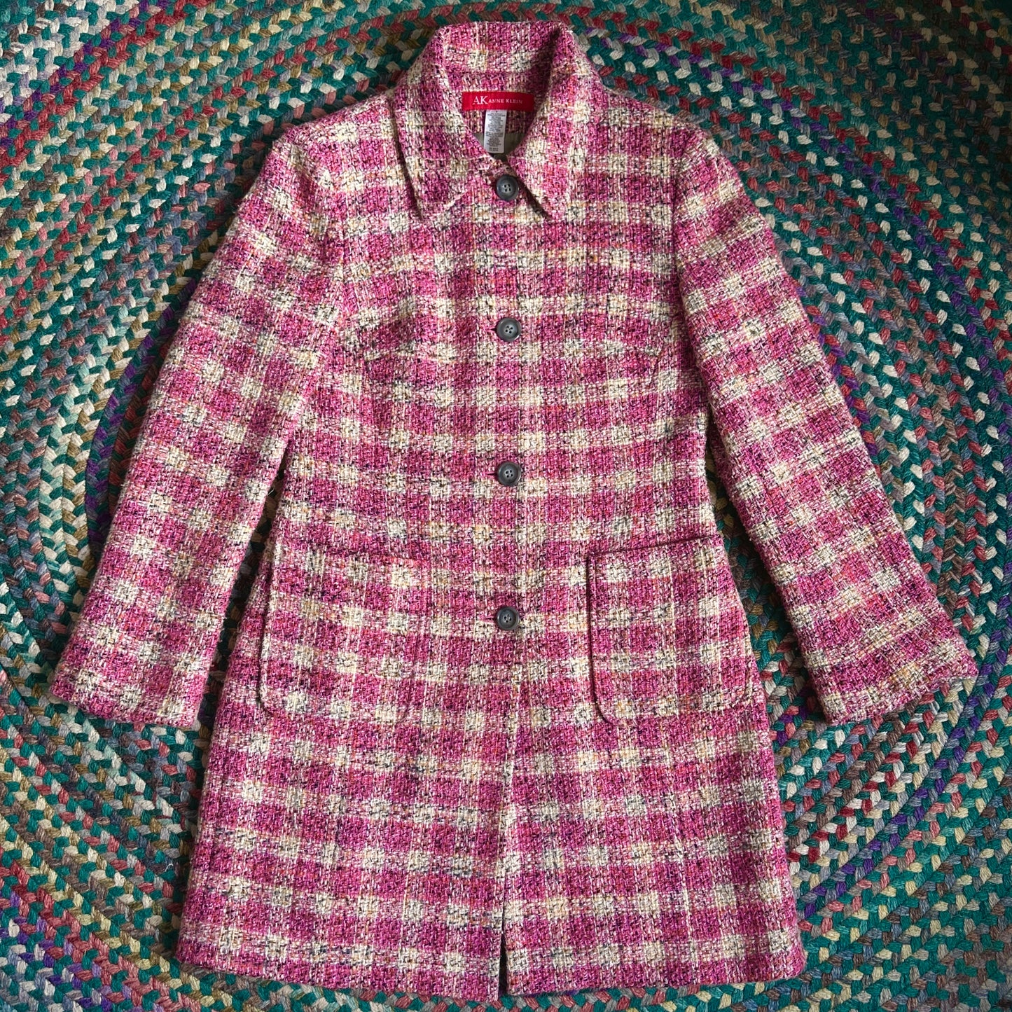 Anne Klein Pink and Tan Knee Length Knitted Plaid Coat, 4