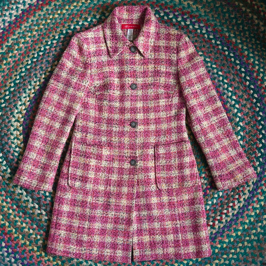 Anne Klein Pink and Tan Knee Length Knitted Plaid Coat, 4