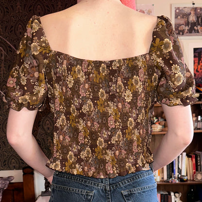 Brown Floral Puffy Sleeve Shirring Top, L