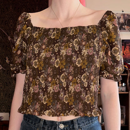 Brown Floral Puffy Sleeve Shirring Top, L