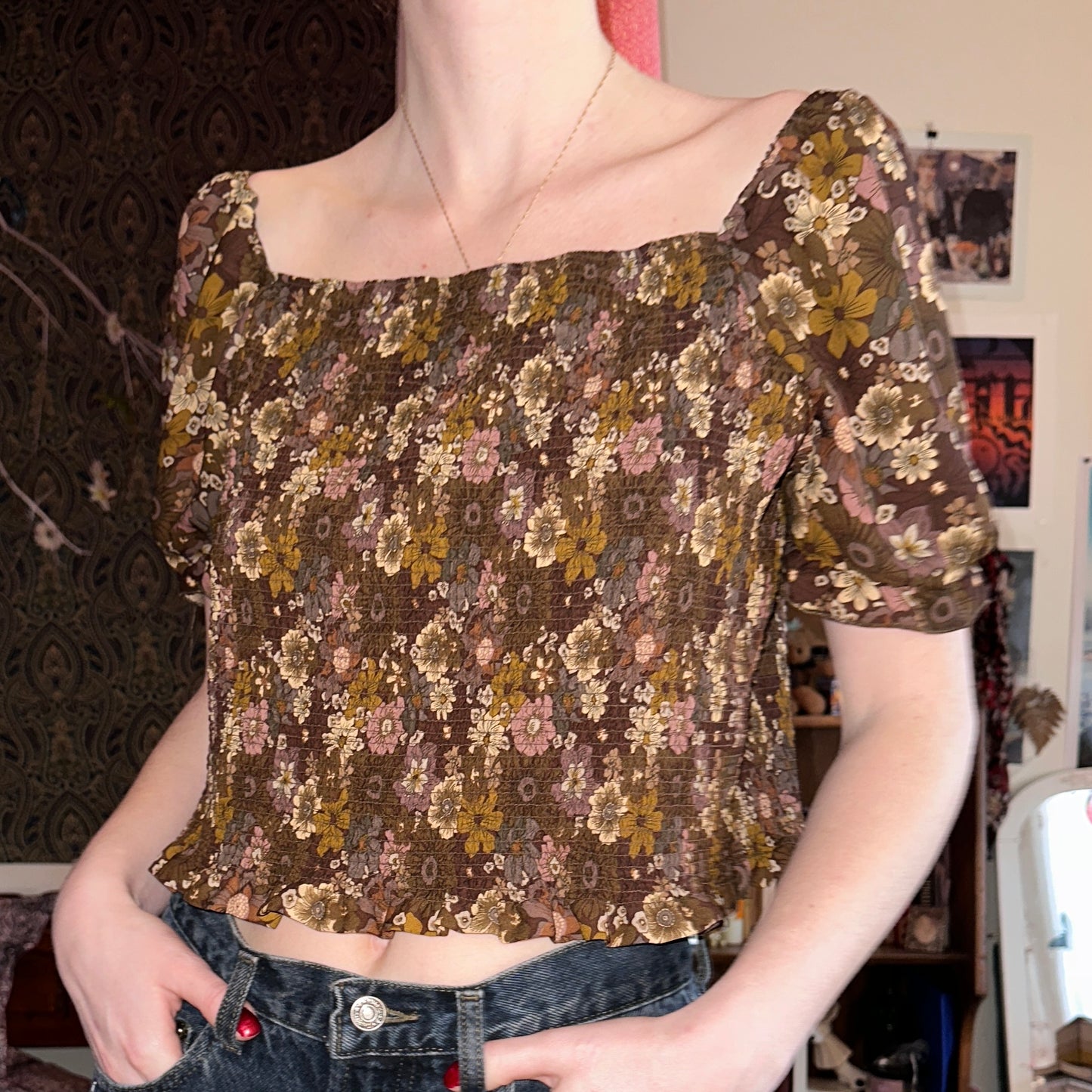 Brown Floral Puffy Sleeve Shirring Top, L