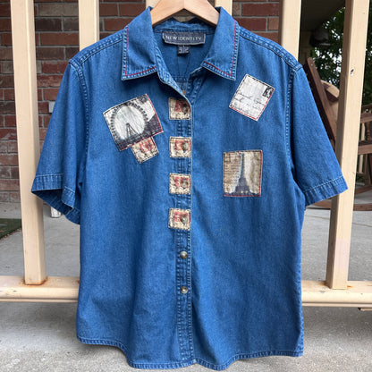 New Identity Blue Cotton Denim Short Sleeve Button Up, L