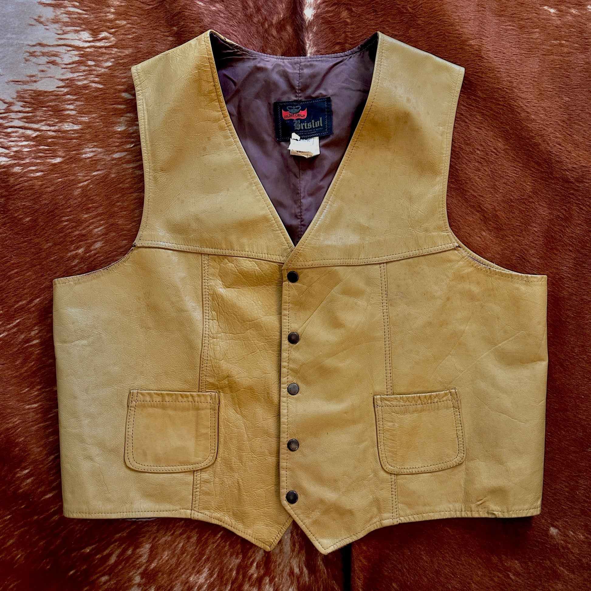 Bristol Golden Crown Tan Leather Vest, XL - Cherry Buzz