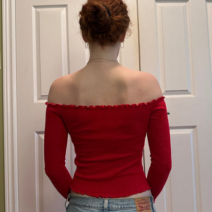 Off the Shoulder Red Long Sleeve, S - Cherry Buzz