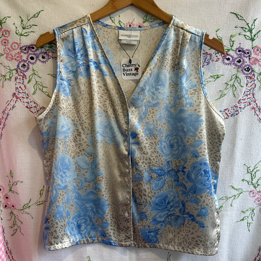 Blue and Cream Floral and Animal Print Vest, M