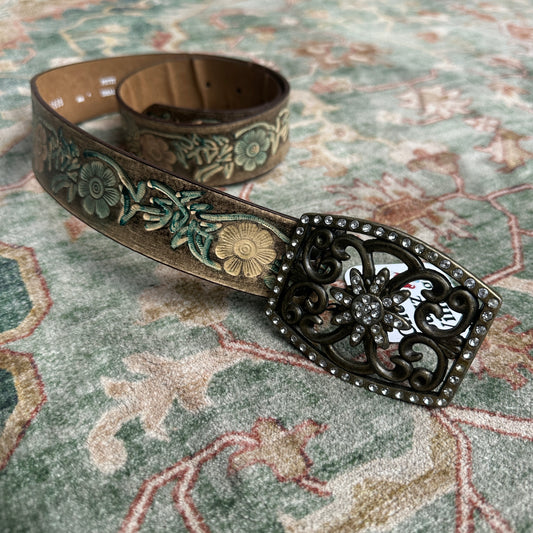 Brown Leather Stamped Floral Belt with Brass Buckle, 33"-36"