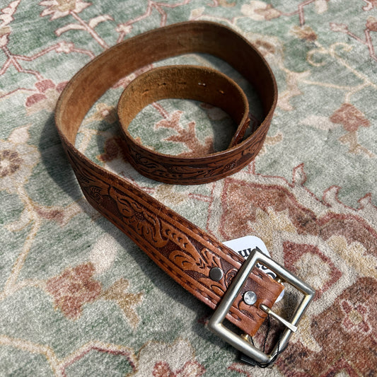Cognac Leather Stamped Belt, 30"-33"