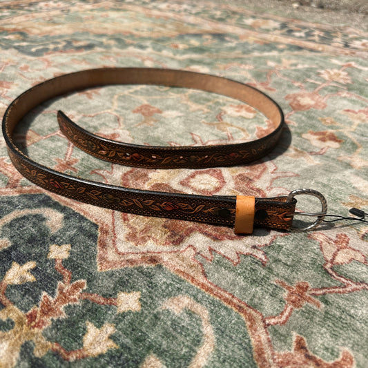 Brown Leather Stamped Full Grain Cow Hide Belt, 39"-41"