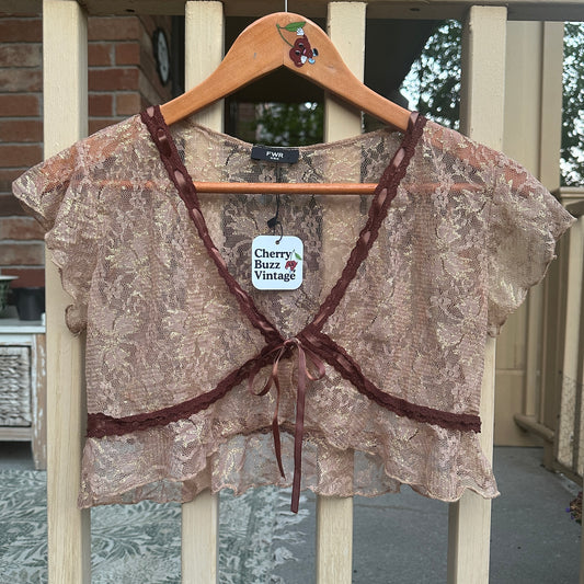 Rose Gold Lace Short Sleeve Cardigan, S