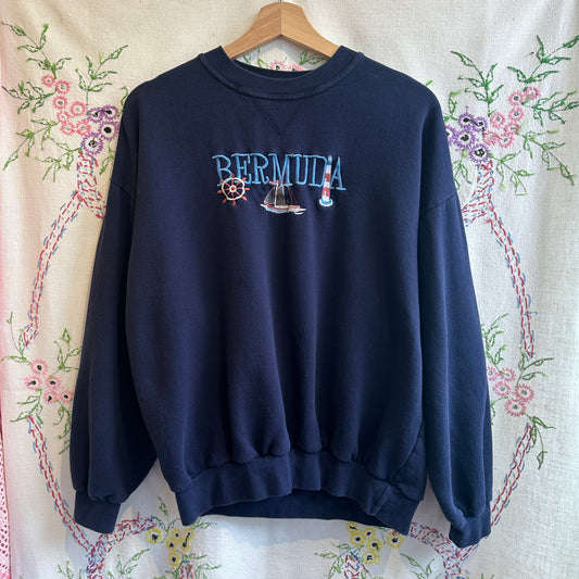 Navy Blue Bermuda Embroidered Crew Neck, M