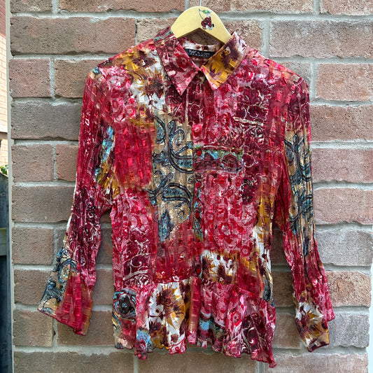 Magenta Semi-Sheer Long Sleeve Button Up, L