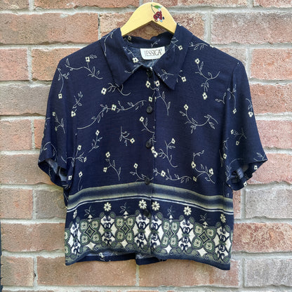 Floral Cropped Short Sleeve Button Up, M
