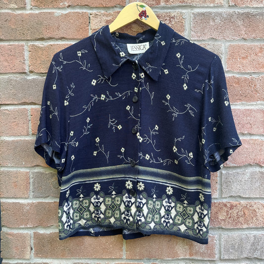Floral Cropped Short Sleeve Button Up, M