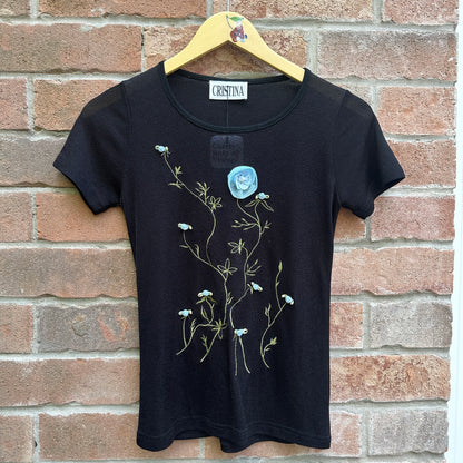 Black Mesh Floral Top, S