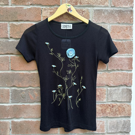 Black Mesh Floral Top, S