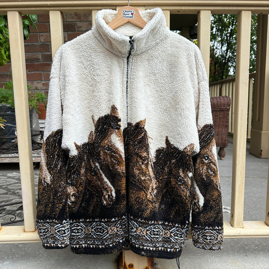 Fleece Horse Print Zip Up, L