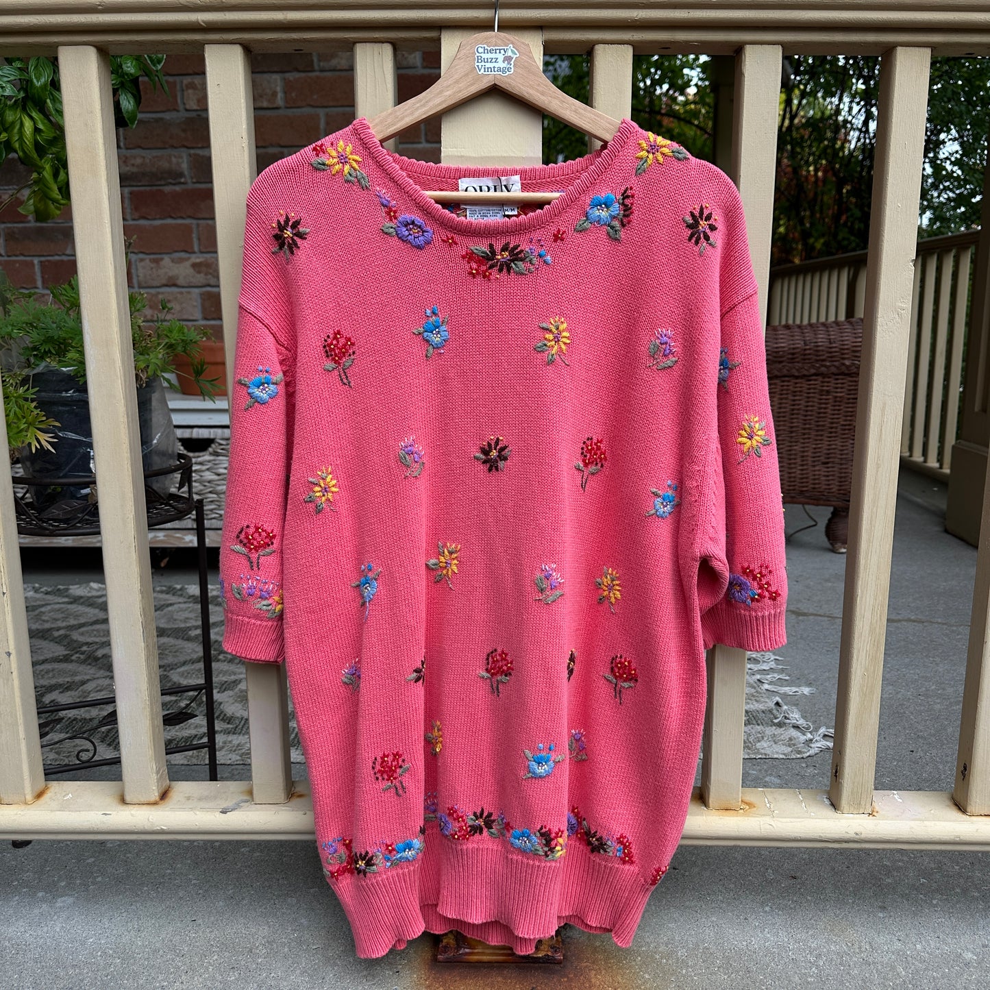 Pink Floral 3/4 Sleeve Knit, M