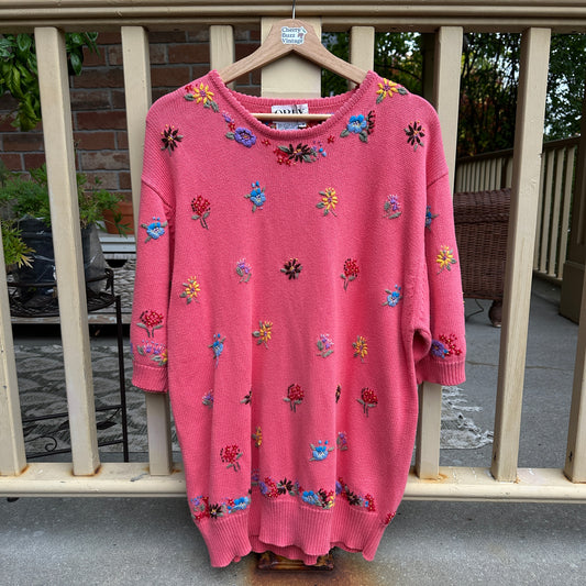 Pink Floral 3/4 Sleeve Knit, M