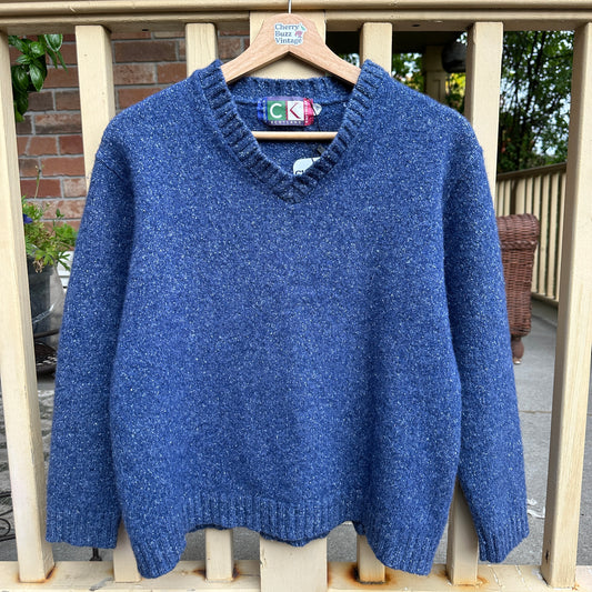 Acrylic-Silk Blue Knit Sweater, M