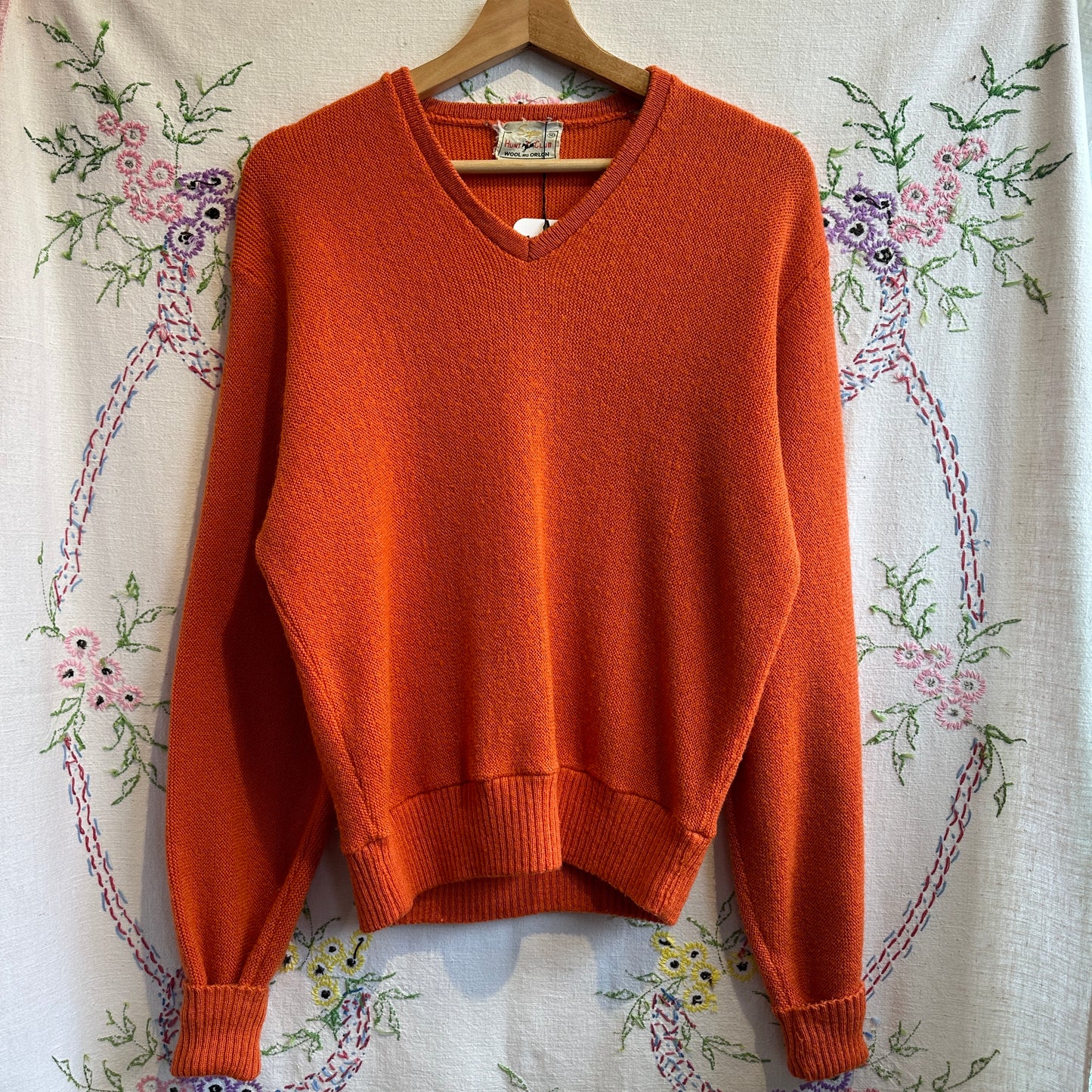 Orange V-Neck Wool Sweater, M