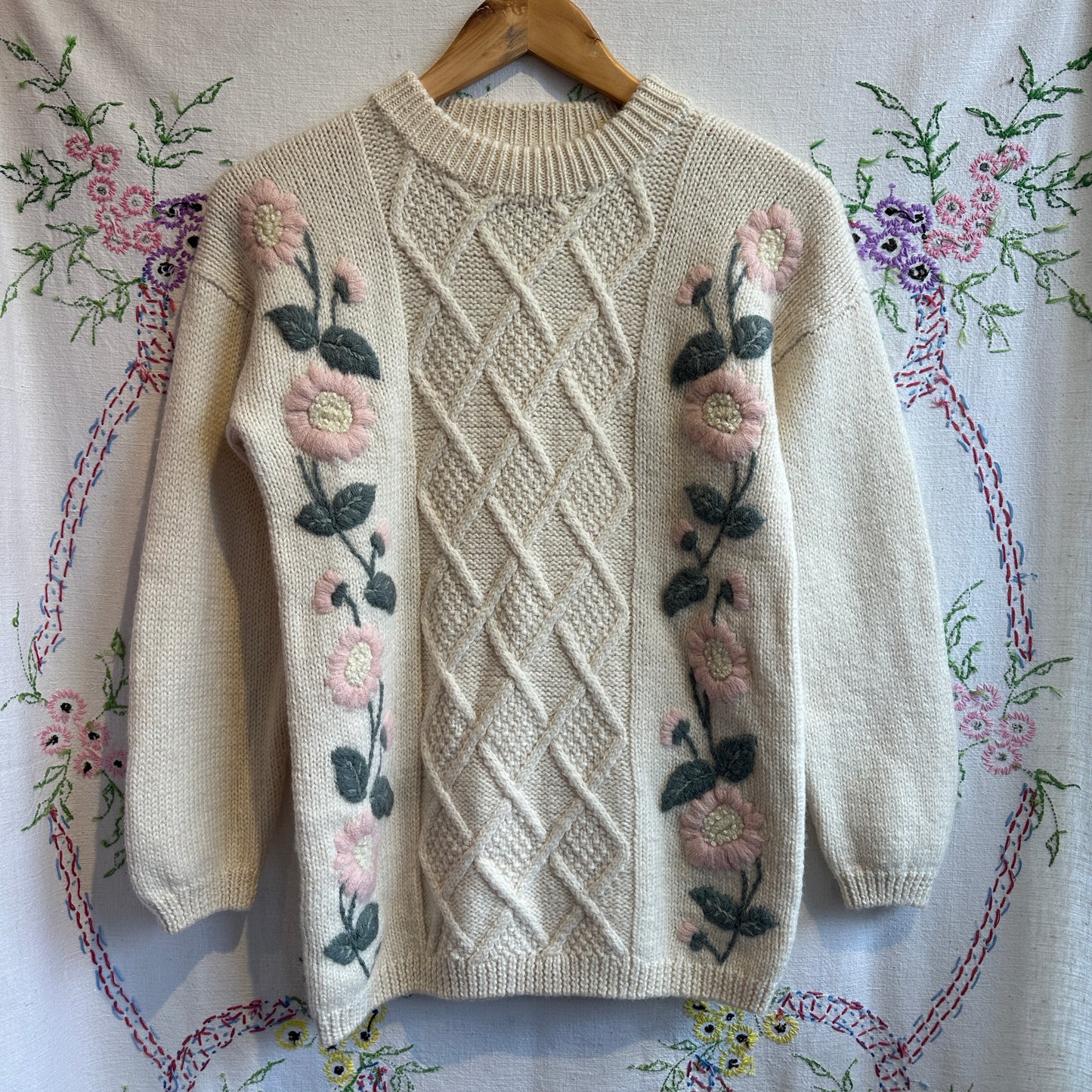 Wool Cable Knit Floral Sweater, S