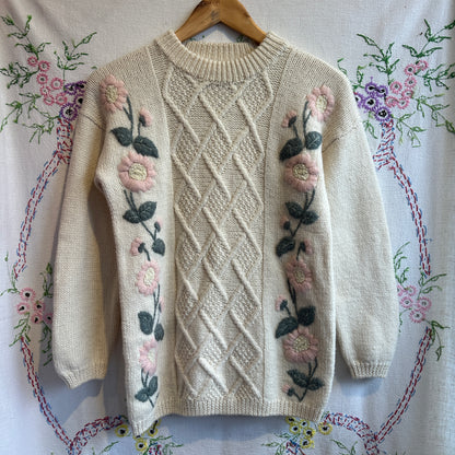 Wool Cable Knit Floral Sweater, S