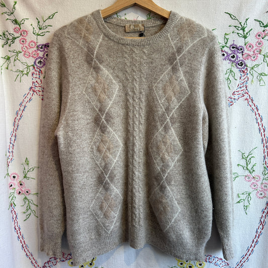 Beige Argyle Wool Blend Sweater, M