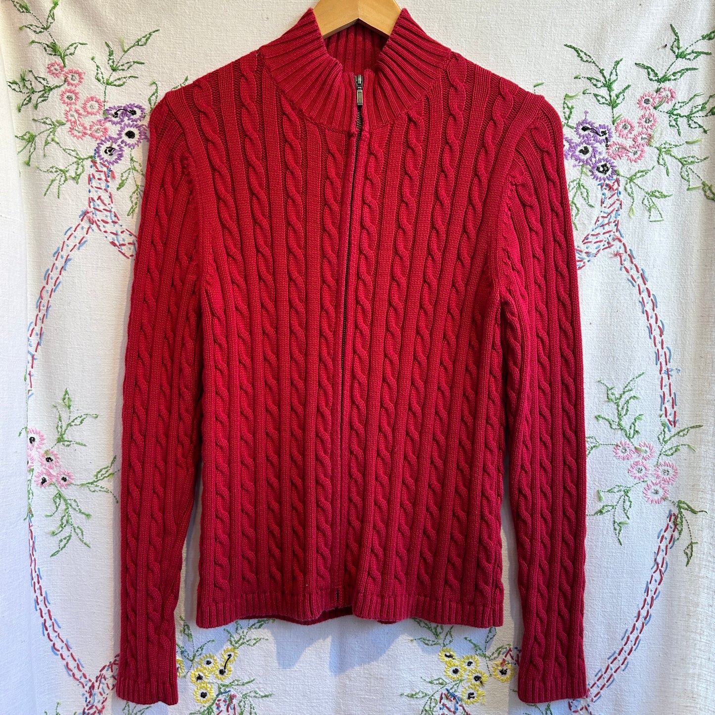 L.L. Bean Red Cable Knit Zip Up, M
