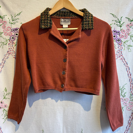 Robin Kay Cropped Copper Cardigan with Tweed Collar, S