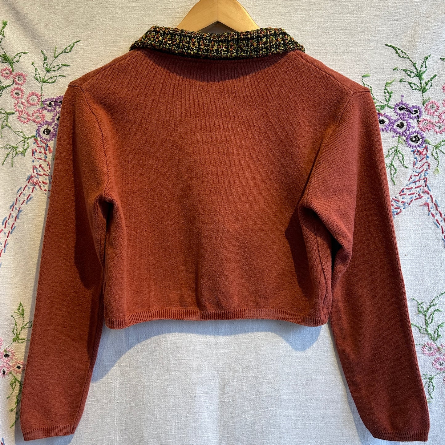 Robin Kay Cropped Copper Cardigan with Tweed Collar, S