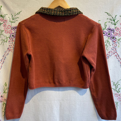 Robin Kay Cropped Copper Cardigan with Tweed Collar, S