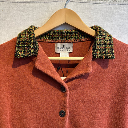 Robin Kay Cropped Copper Cardigan with Tweed Collar, S