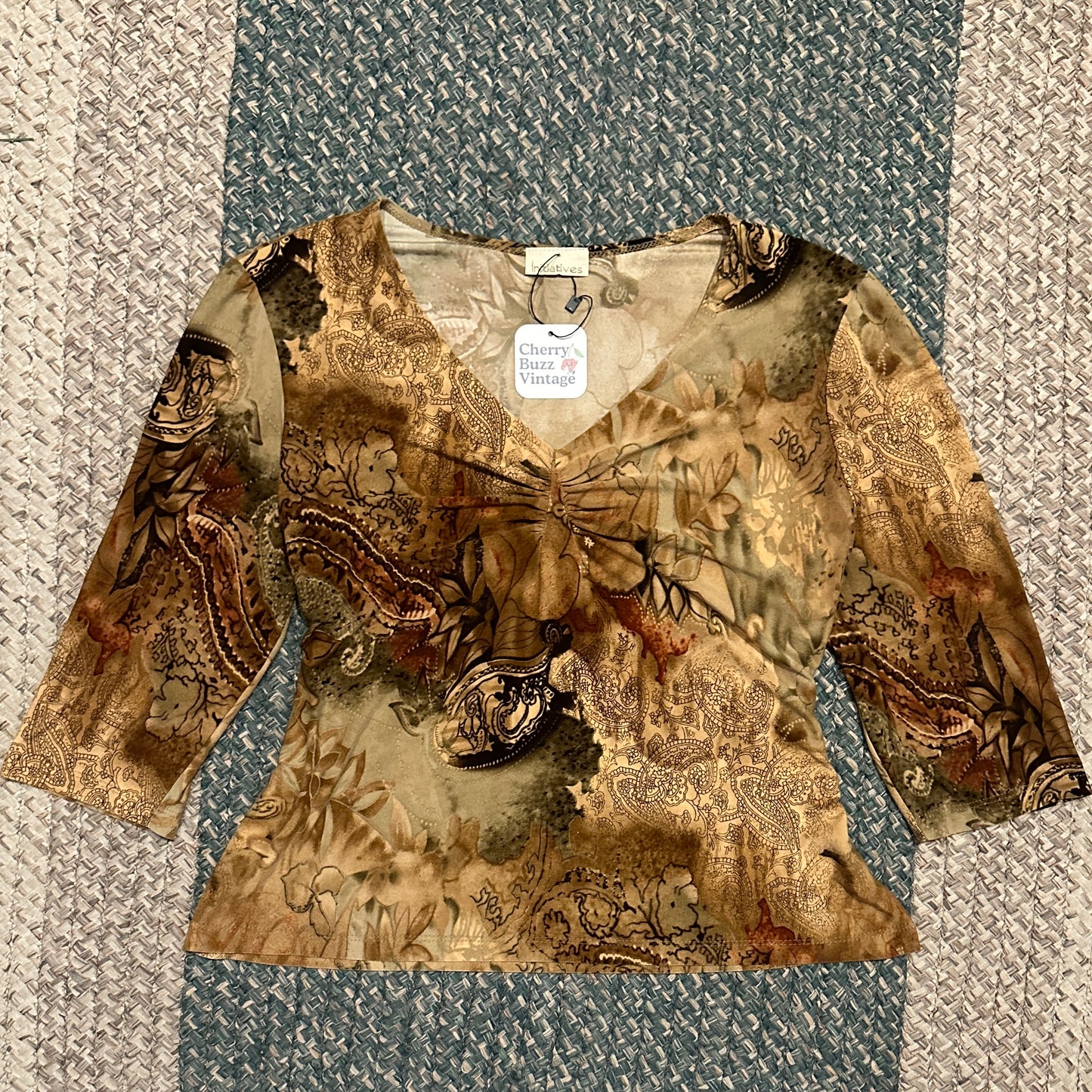 Whimsy Paisley Earth Tone 3/4 Sleeve Top, M