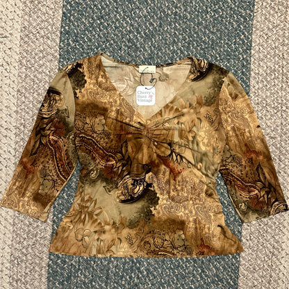 Whimsy Paisley Earth Tone 3/4 Sleeve Top, M