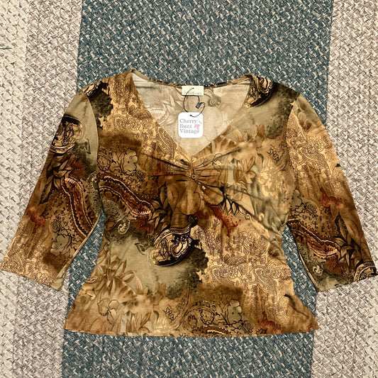 Whimsy Paisley Earth Tone 3/4 Sleeve Top, M