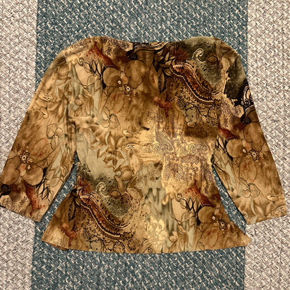 Whimsy Paisley Earth Tone 3/4 Sleeve Top, M